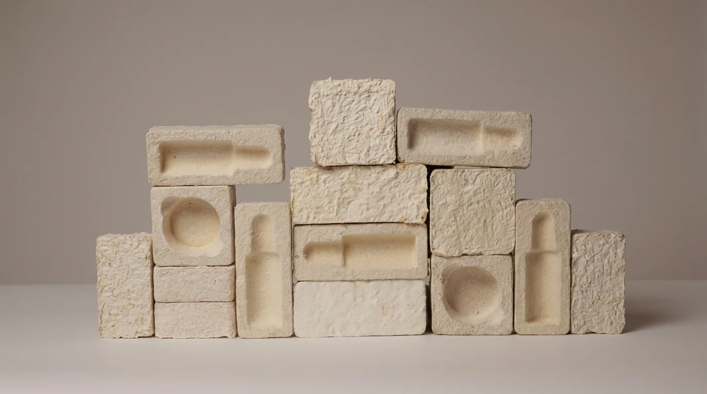 Stacked mycelium packaging blocks moulded to hold bottles and jars