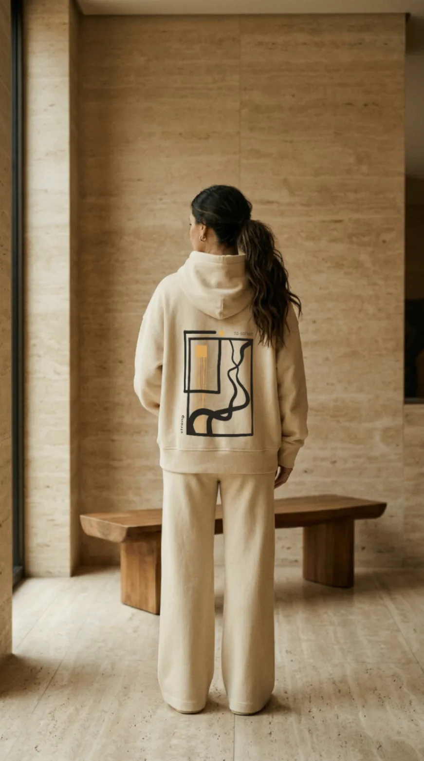 Chapter cream hoodie with abstract line composition
