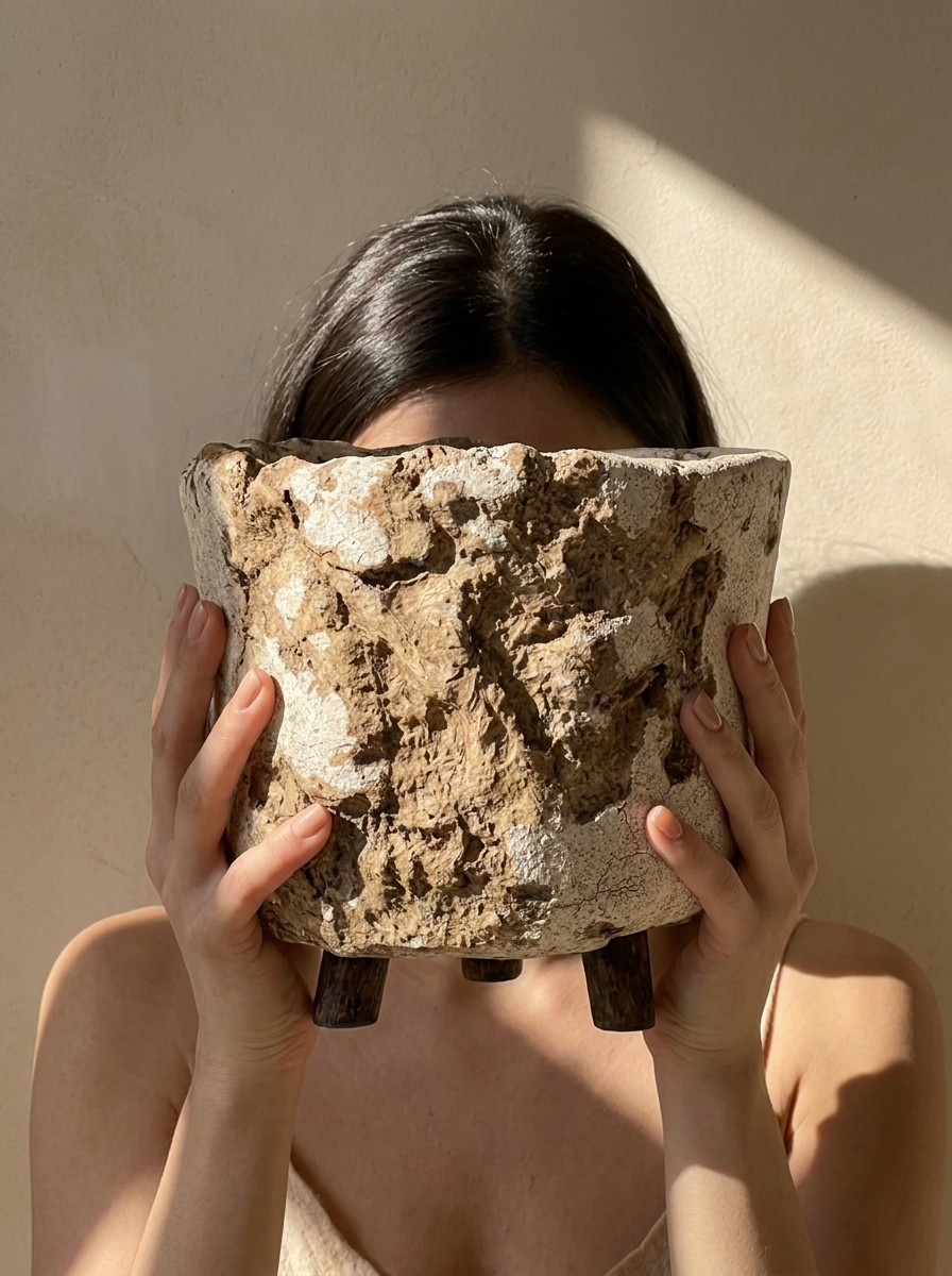 Hands holding a rough, bark-like handmade vessel