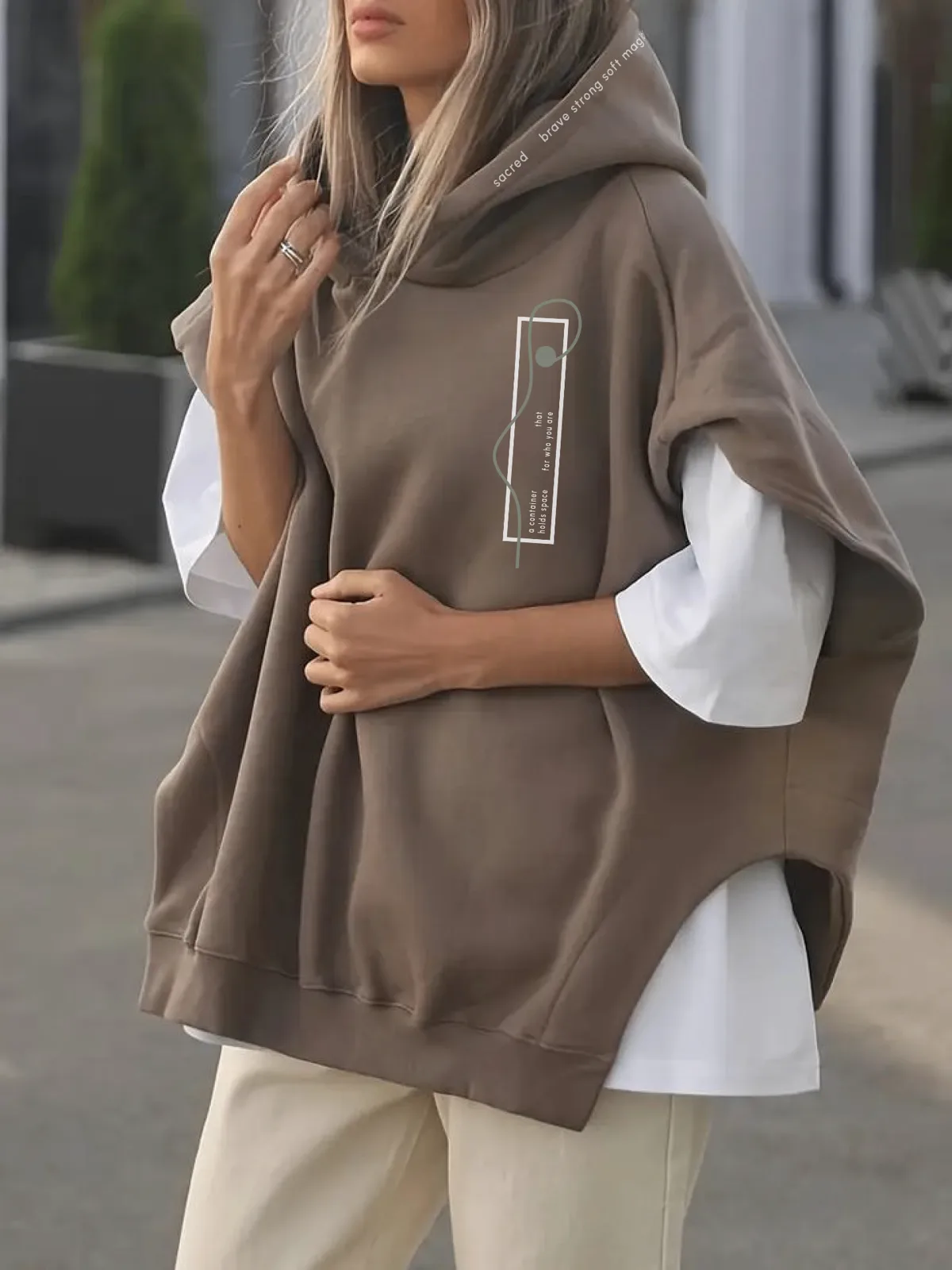 Chapter taupe poncho hoodie with vertical line artwork