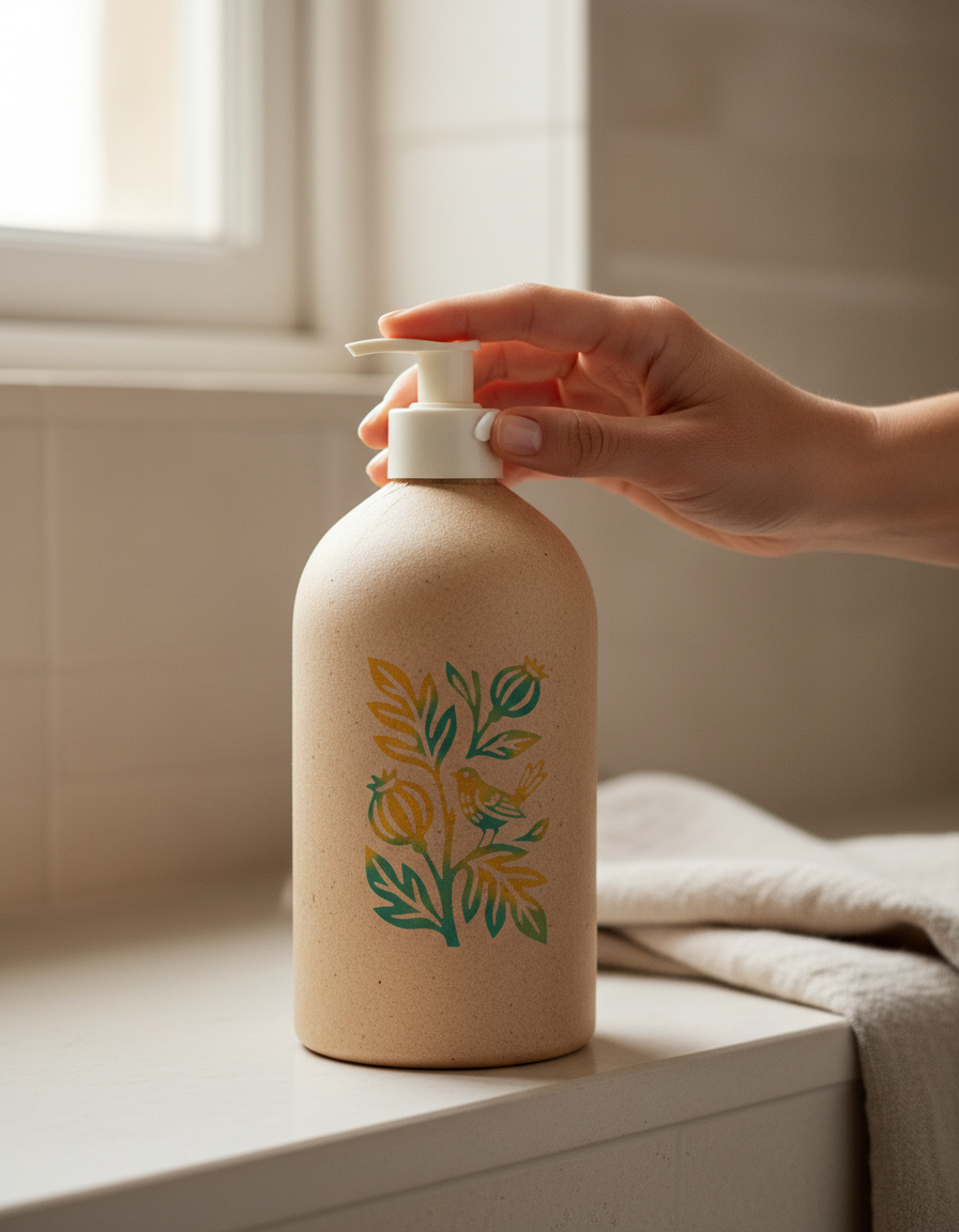 Lunar pump bottle printed with a vine, songbird and pomegranates in turquoise and yellow