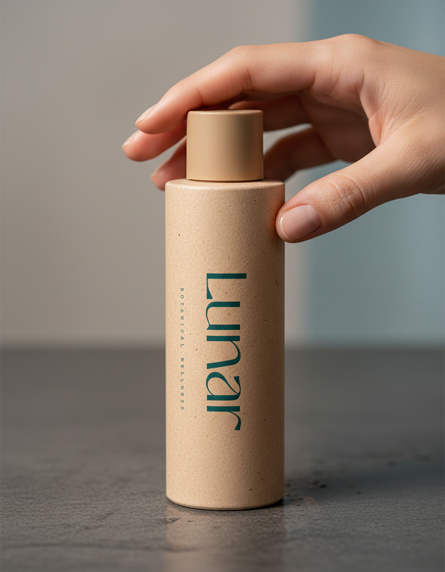 Lunar bottle with the lowercase wordmark running vertically in turquoise