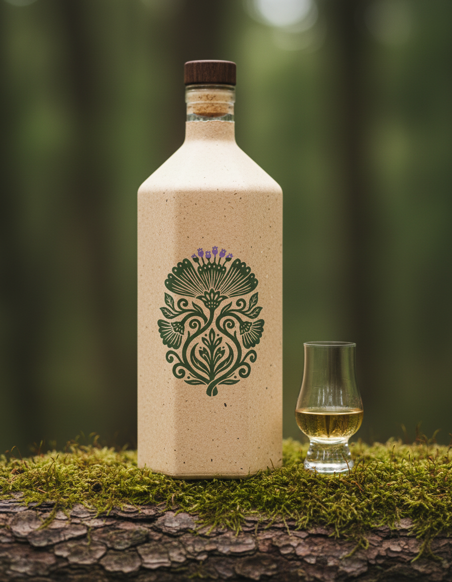 Reverie bottle with the green woodcut emblem and lilac crown, on moss in a forest