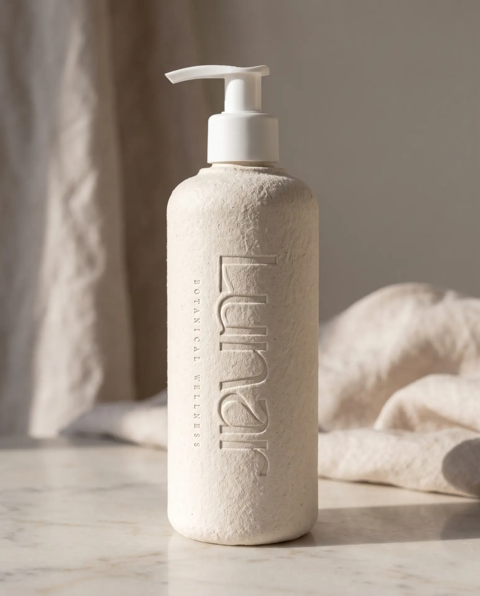 Lunar pump bottle in moulded fibre with the wordmark embossed vertically