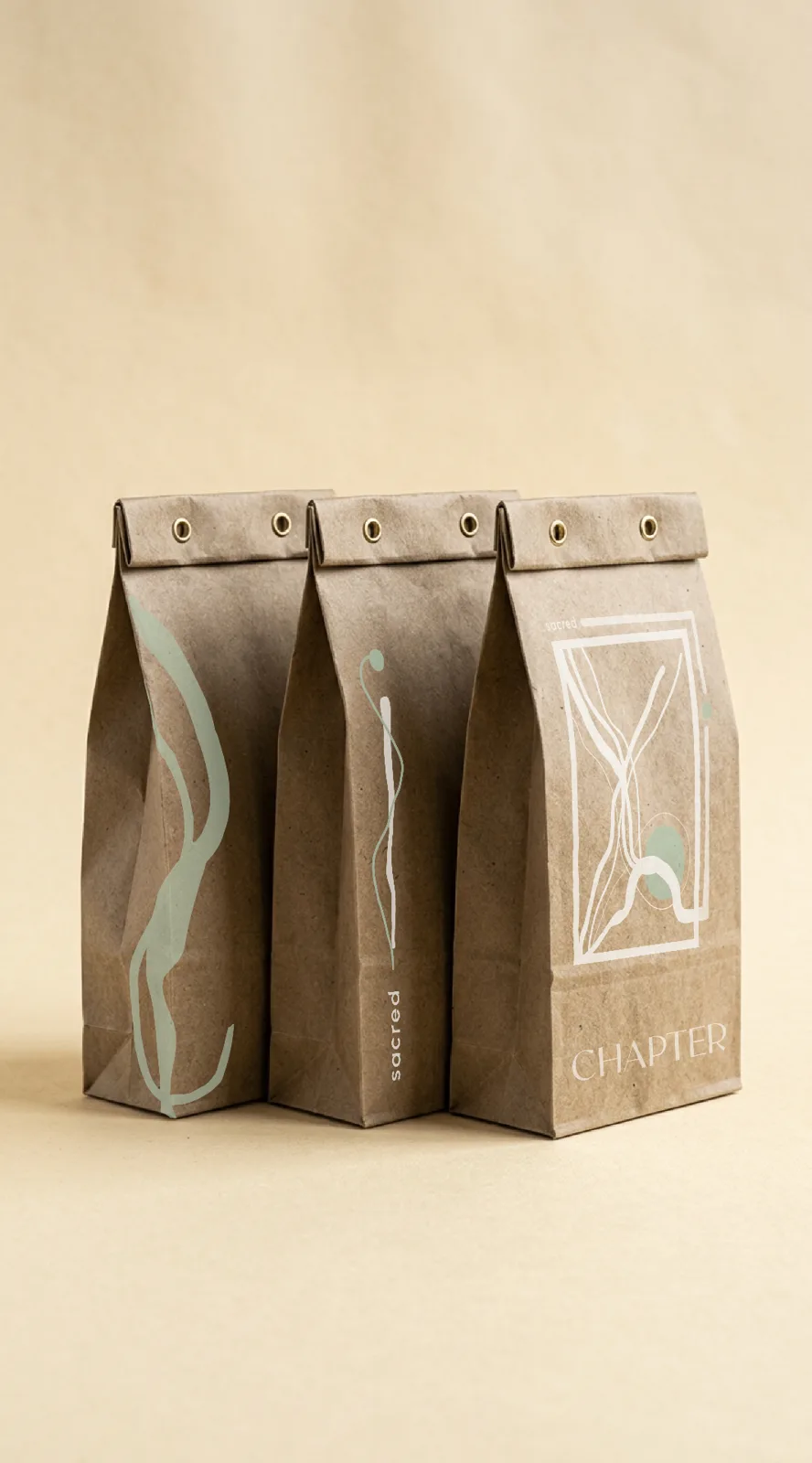Chapter kraft paper packaging trio with sacred artwork