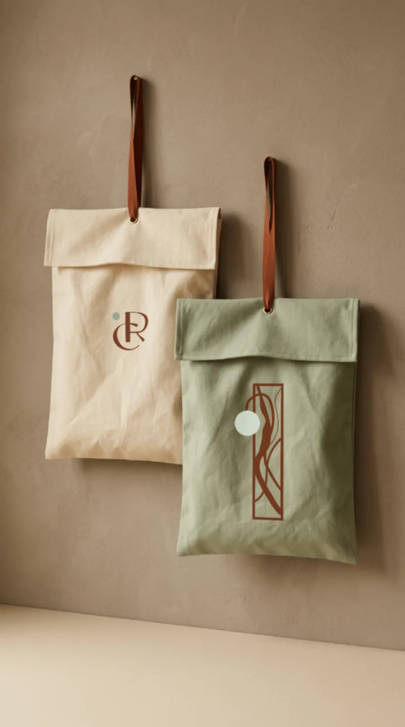 Chapter hanging fabric packaging in cream and sage