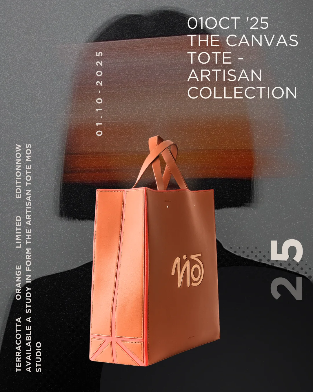 Mos tote campaign in warm orange against a dark background