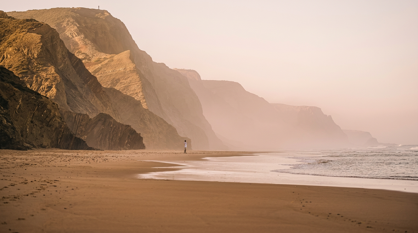 A lone figure on a wide beach below misty cliffs