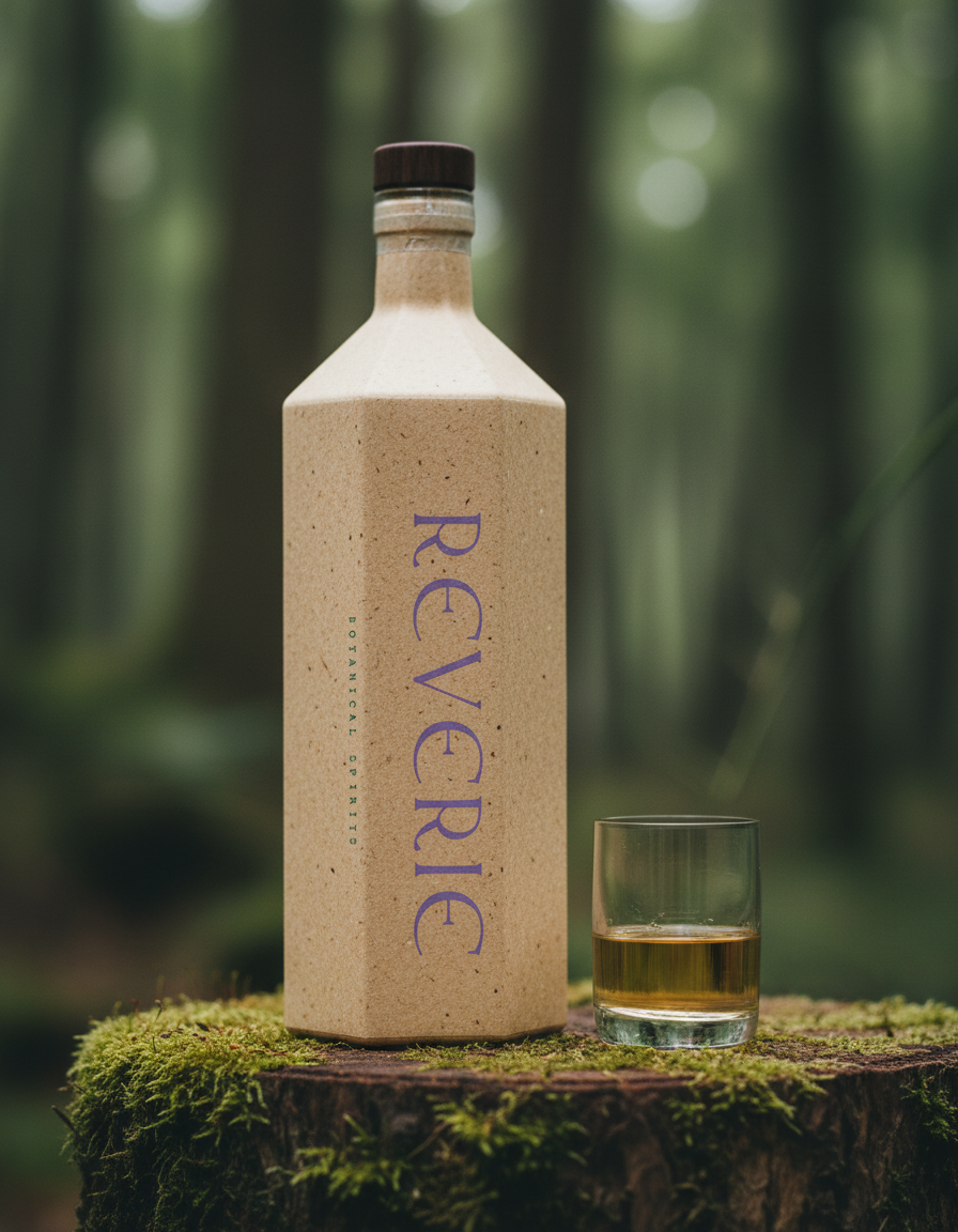 Reverie bottle with the lilac wordmark running vertically, on a mossy stump