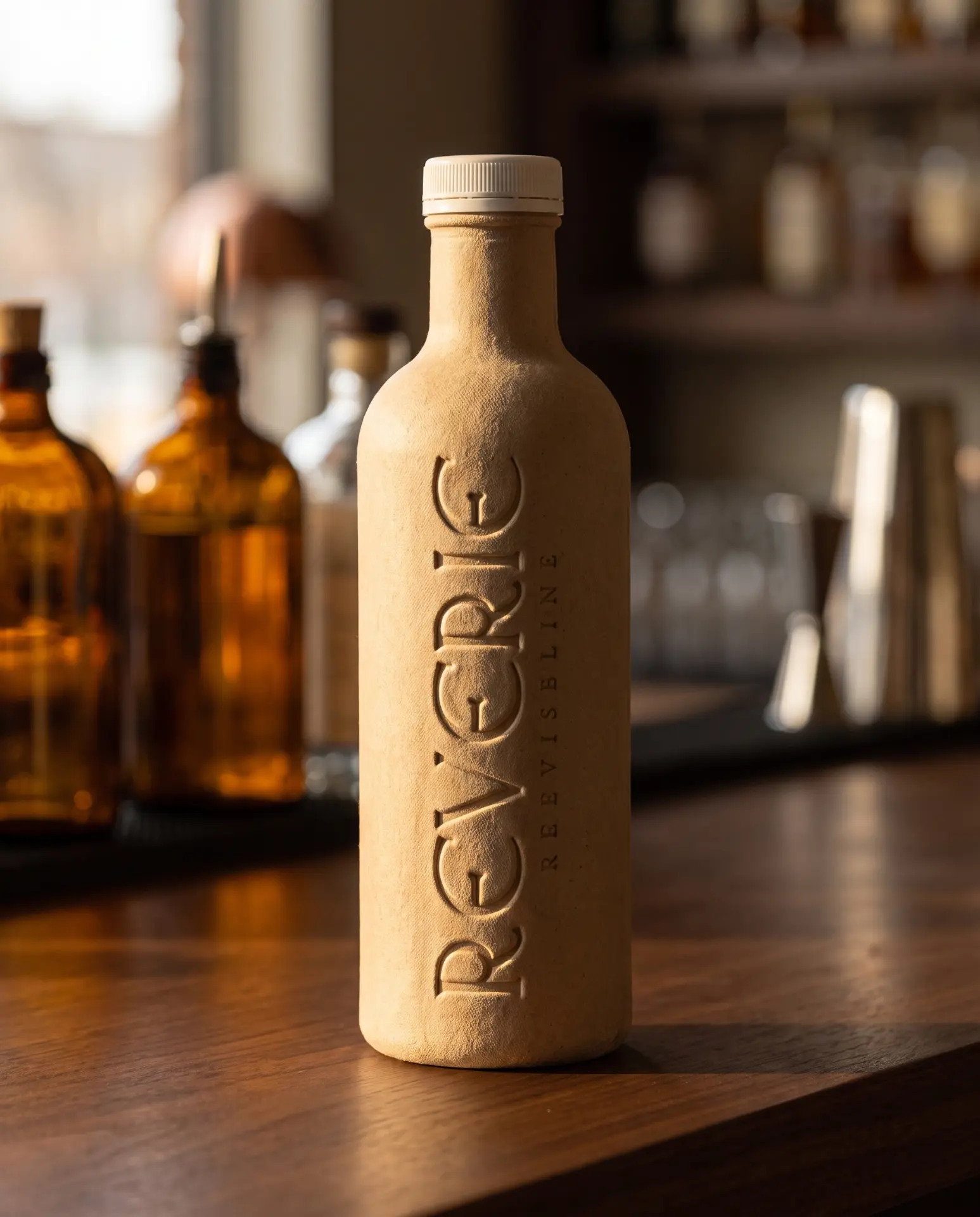Reverie bottle in moulded fibre with the name embossed vertically, on a bar