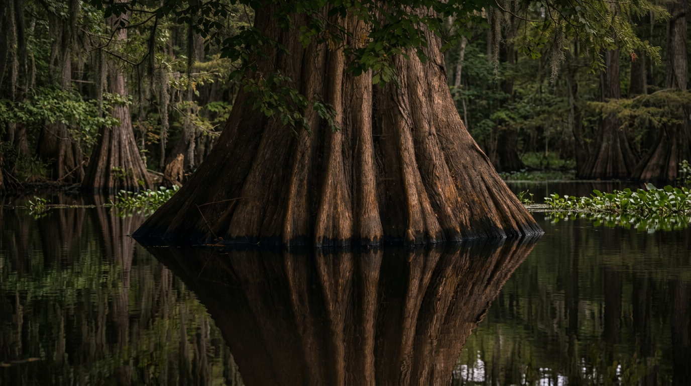 Ancient cypress roots reflected in dark still water