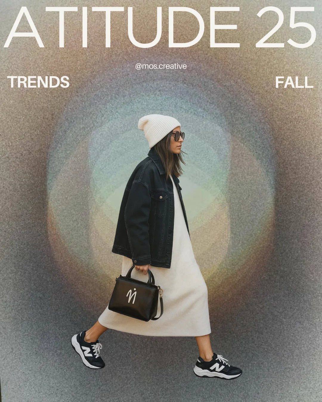 Mos fashion campaign with a model in a white skirt and dark jacket